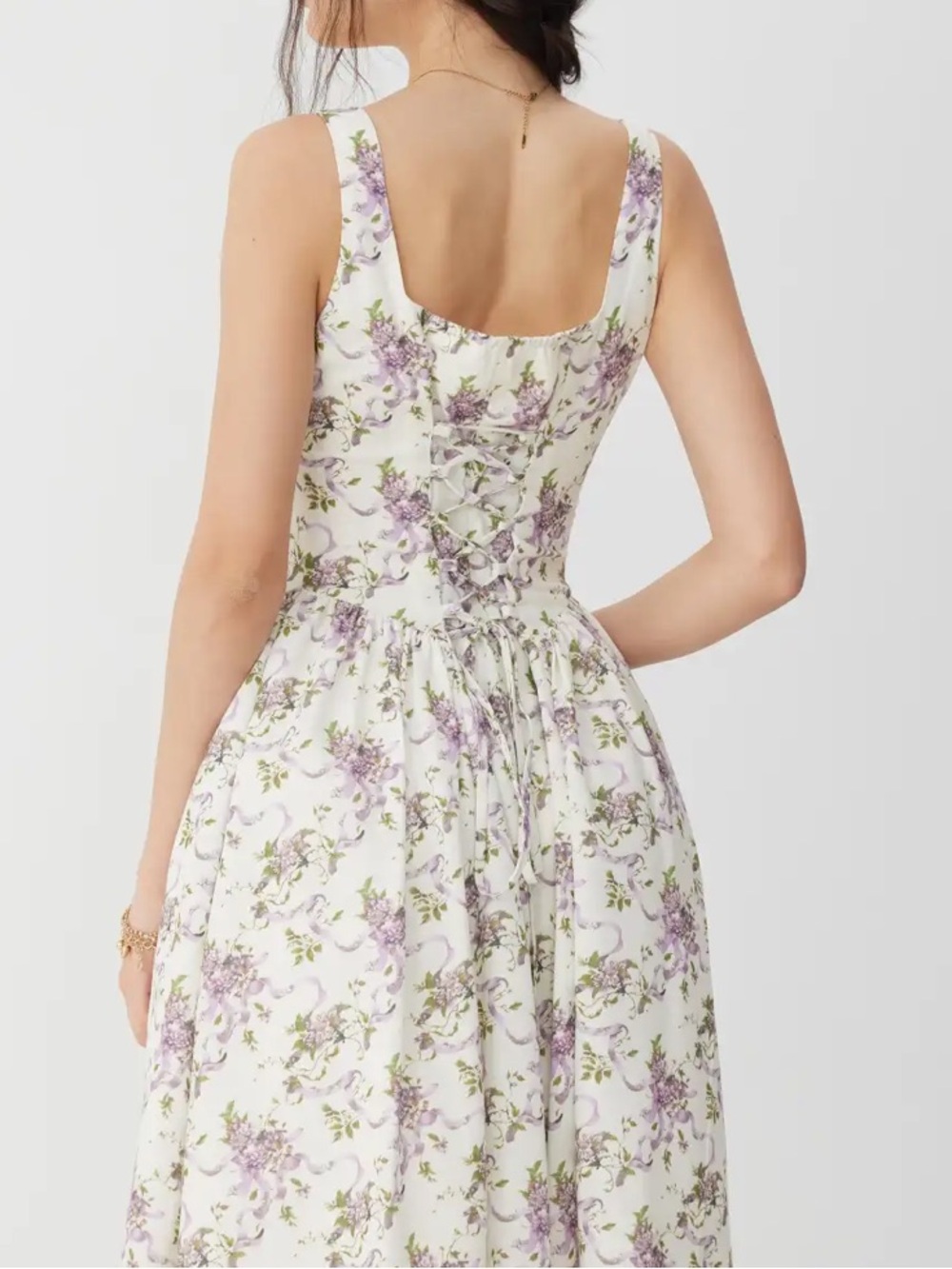 Cider Tie-Back Corset Mid Rise Floral Purple White Sleeveless Midi Dress - Picture 3 of 7